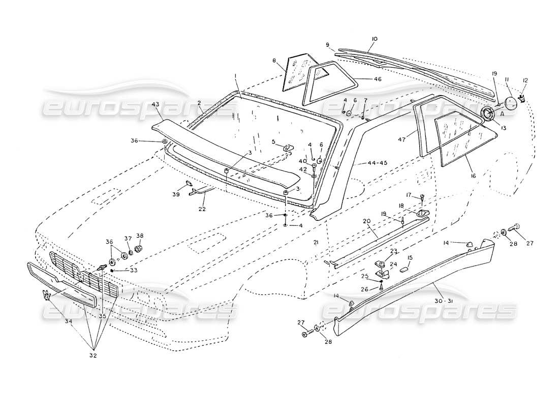 maserati ghibli 2.8 (non abs) griglia del radiatore - modanatura esterna - schema delle parti dei vetri