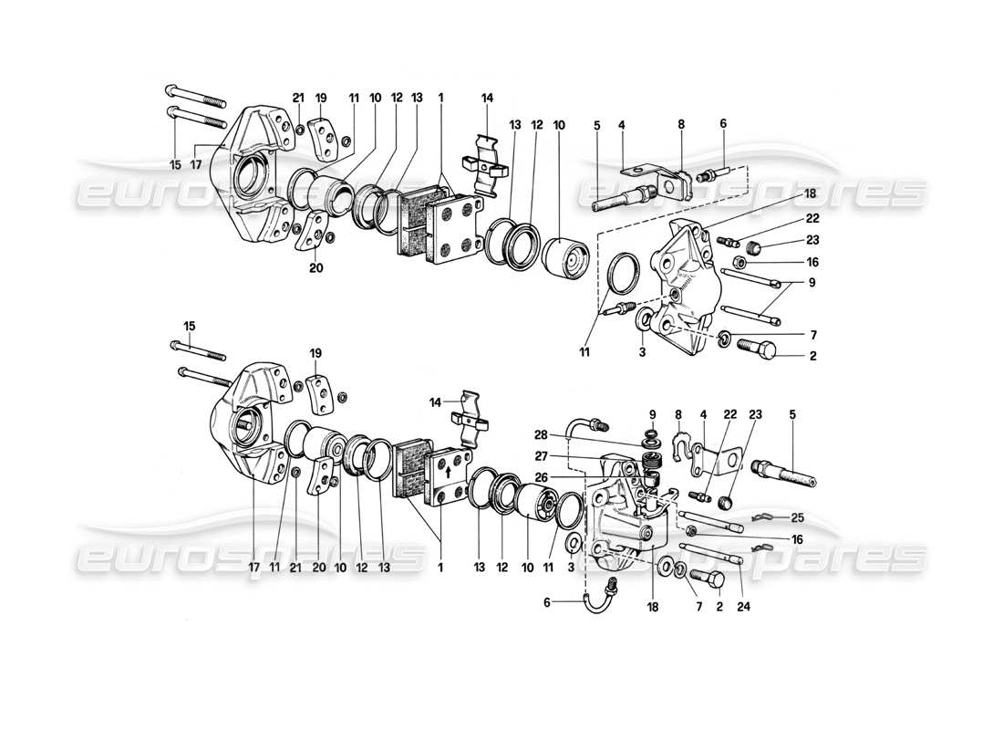 ferrari 208 turbo (1982) pinze per freni anteriori e posteriori diagramma delle parti