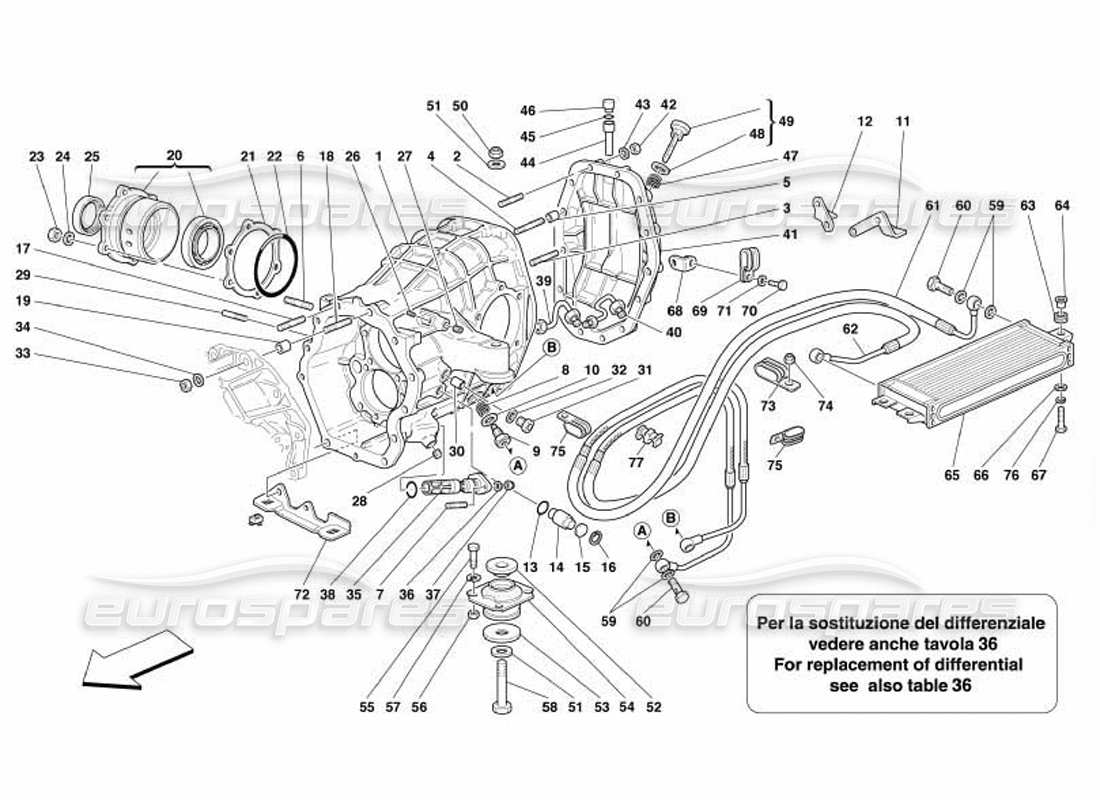 ferrari 550 barchetta diagramma delle parti del supporto differenziale e del radiatore di raffreddamento della frizione