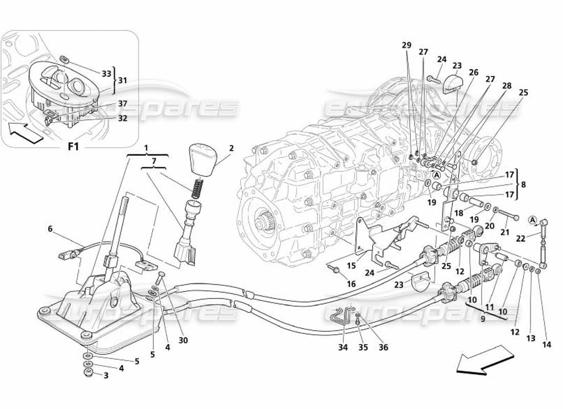 maserati 4200 coupe (2005) diagramma delle parti dei controlli del cambio esterno