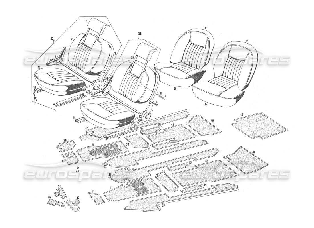 maserati indy 4.2 schema delle parti dei sedili e della tappezzeria