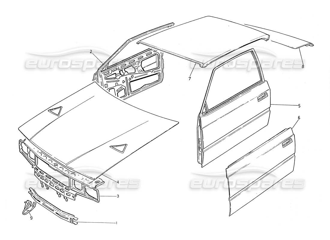 maserati 2.24v scocca: pannello anteriore, pannello del tetto, porte, cofano, cofano del bagagliaio, diagramma delle parti