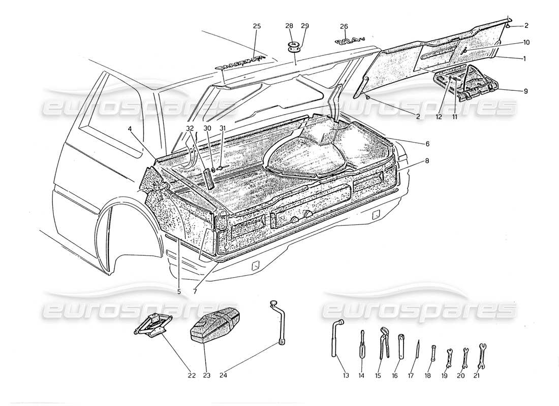 maserati 2.24v stivale: diagramma delle parti di badge, tappeti e strumenti