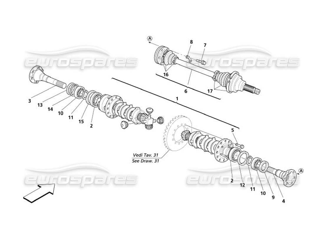 maserati 4200 spyder (2005) diagramma delle parti del differenziale e degli alberi dell'asse