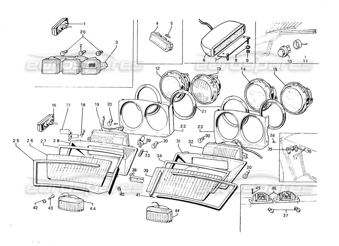 lamborghini countach 5000 qvi (1989) schema parziale dei fari e degli indicatori di direzione