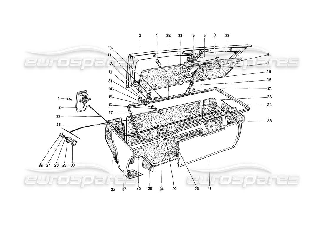 ferrari 208 gt4 dino (1975) diagramma delle parti del coperchio del vano bagagli