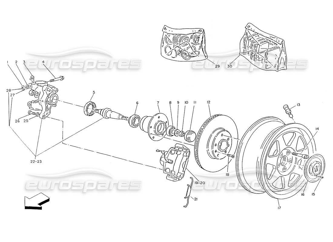 maserati ghibli 2.8 (non abs) diagramma delle parti di ruote anteriori, mozzi e freni