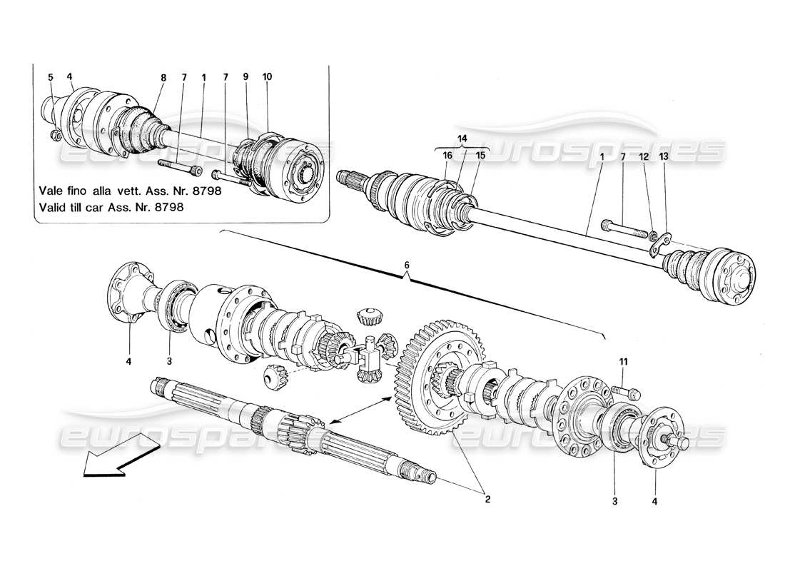 ferrari 348 (1993) tb / ts diagramma delle parti del differenziale e degli alberi dell'asse