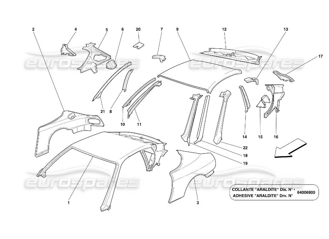 ferrari 456 gt/gta strutture e componenti dei pannelli del tetto diagramma delle parti