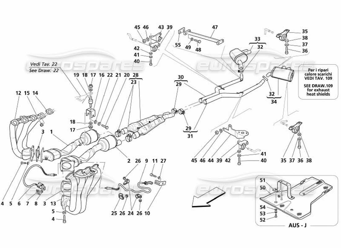 maserati 4200 gransport (2005) diagramma delle parti del sistema di scarico