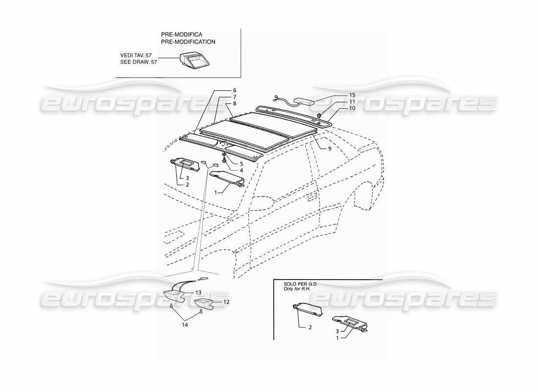 maserati ghibli 2.8 gt (variante) rifiniture interne: diagramma delle parti del tetto