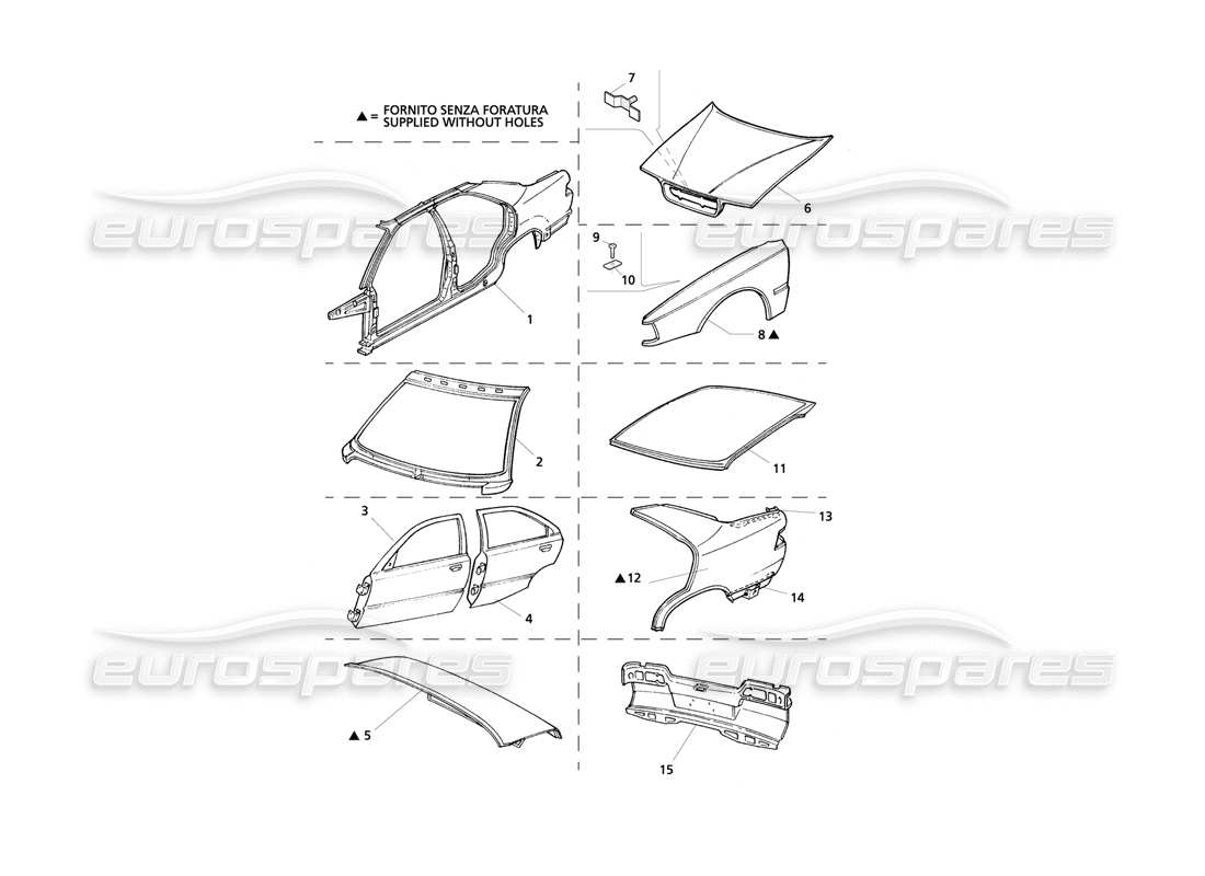 maserati qtp v8 evoluzione scocca della carrozzeria: diagramma delle parti del pannello anteriore e dei passaruota interni