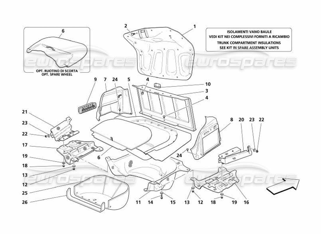 maserati 4200 coupe (2005) finiture del vano del cofano del bagagliaio: diagramma delle parti della presa d'aria e degli scudi contro la brughiera