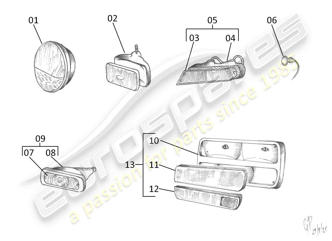 lamborghini urraco p300 diagramma delle parti delle luci anteriori e posteriori