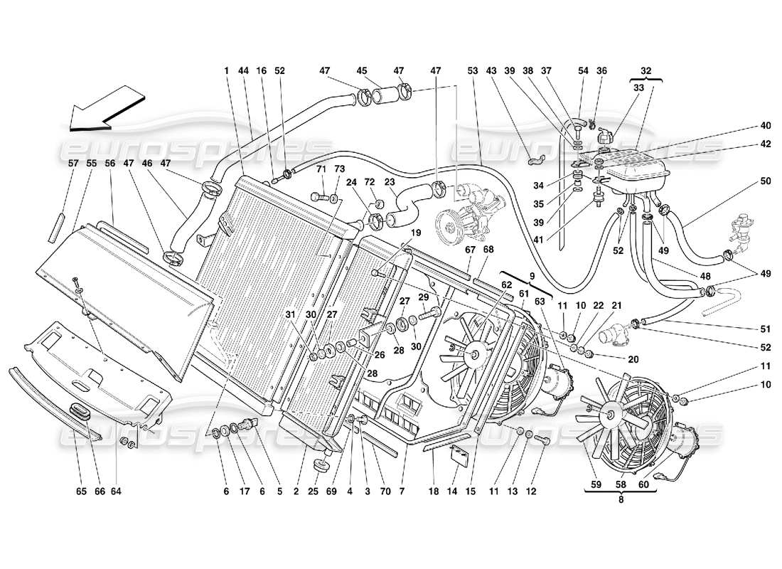 ferrari 456 gt/gta sistema di raffreddamento: diagramma delle parti del radiatore e del sensore