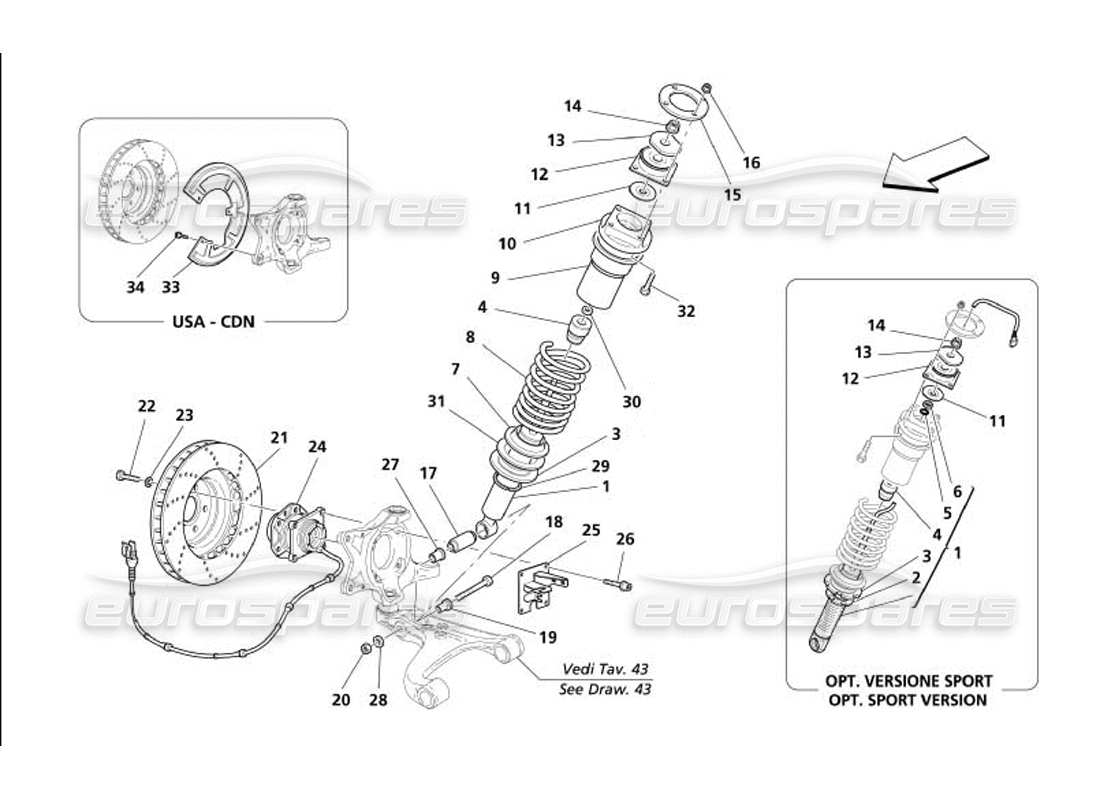 maserati 4200 gransport (2005) sospensione anteriore - ammortizzatore e disco freno schema delle parti