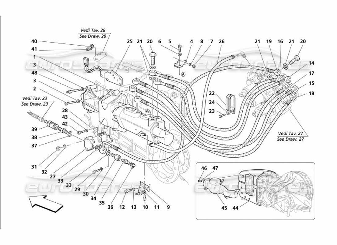 maserati 4200 coupe (2005) f1 comandi idraulici frizione - validi per f1- diagramma delle parti
