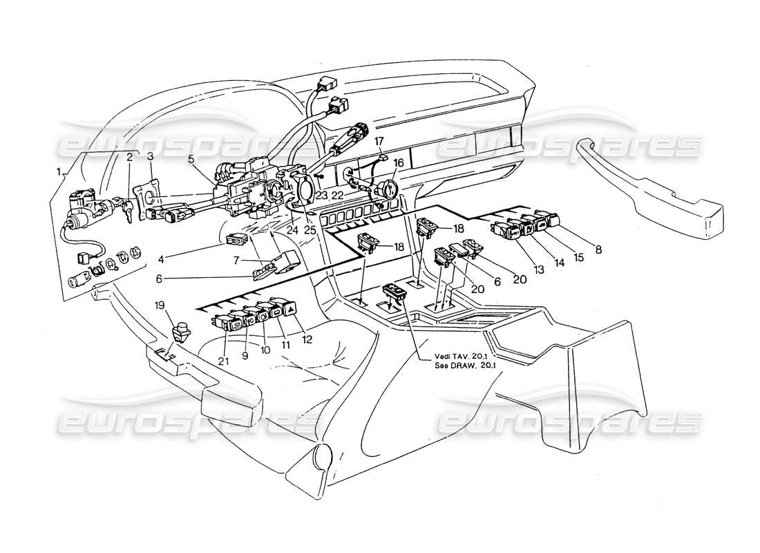 maserati 418 / 4.24v / 430 diagramma delle parti degli interruttori e del bloccasterzo