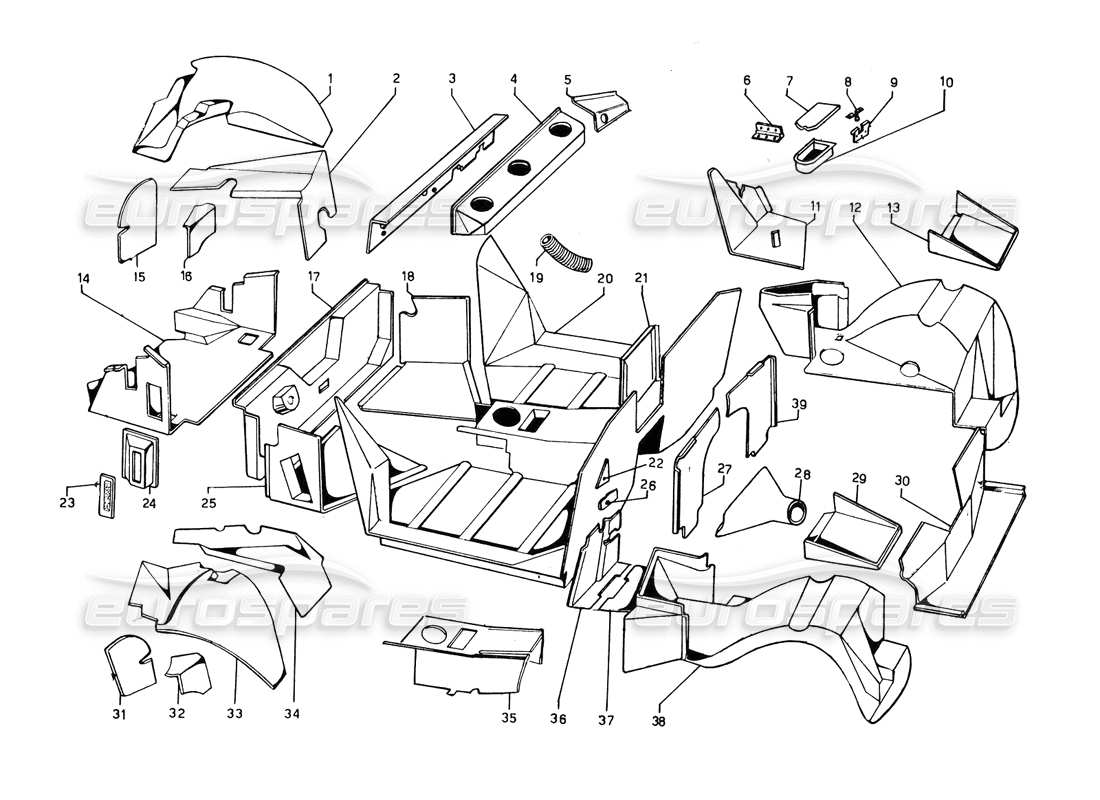 lamborghini countach 5000 qvi (1989) diagramma delle parti dei rivestimenti interni in fibra di vetro