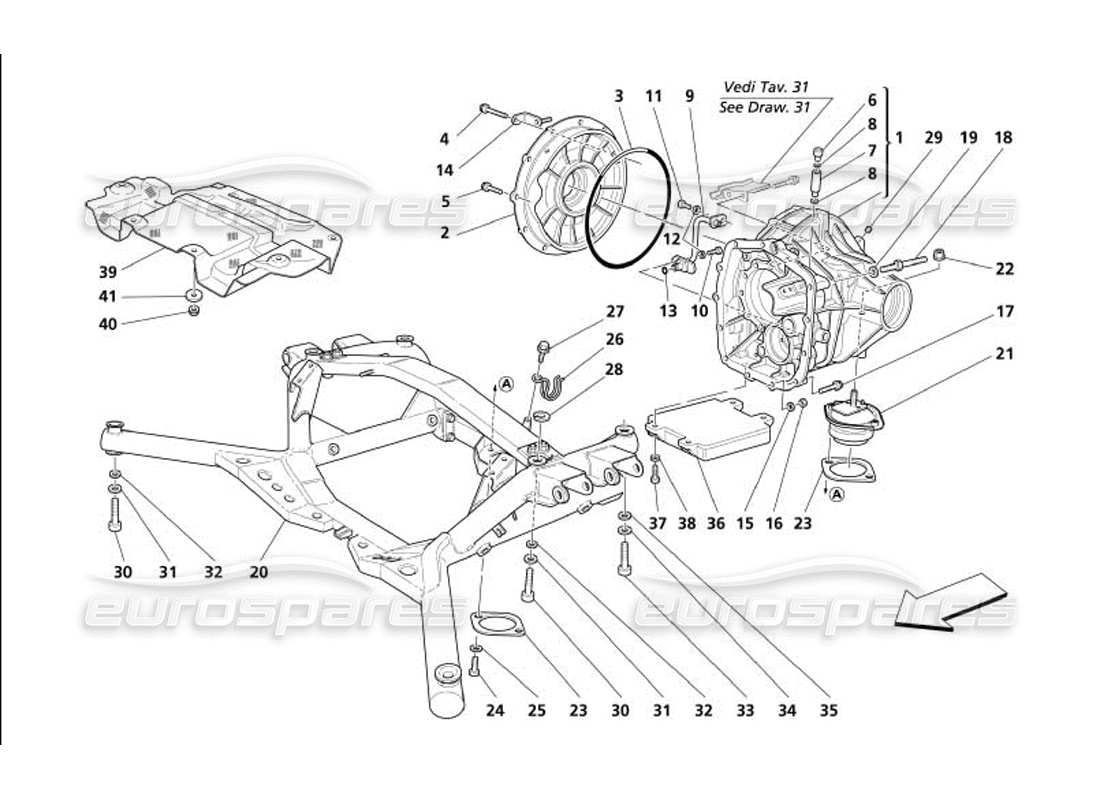 maserati 4200 coupe (2005) scatola differenziale - schema della parte del sottoscocca posteriore