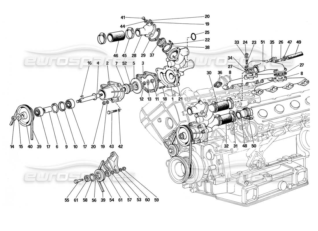 ferrari mondial 3.2 qv (1987) pompa dell'acqua e tubazioni diagramma delle parti