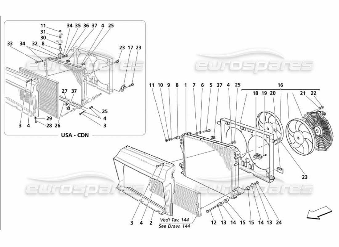 maserati 4200 coupe (2005) schema delle parti del radiatore del sistema di raffreddamento