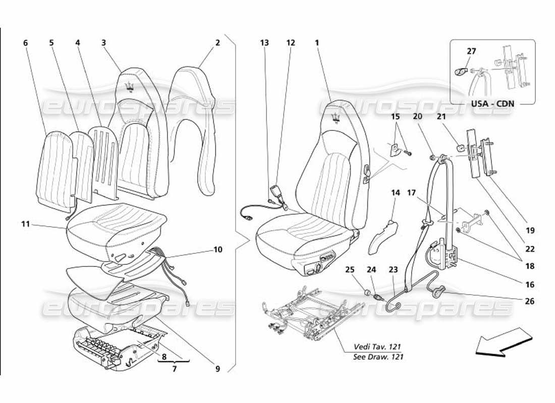 maserati 4200 coupe (2005) diagramma delle parti dei sedili anteriori e delle cinture di sicurezza