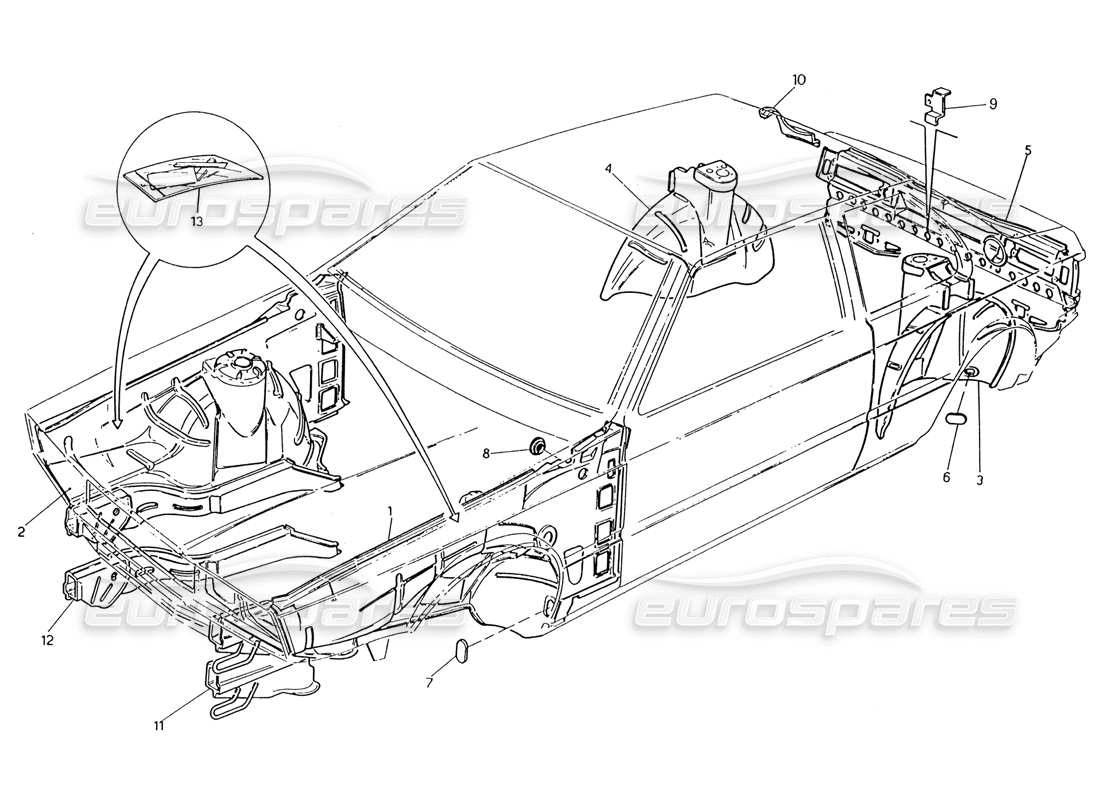 maserati 222 / 222e biturbo scocca della carrozzeria: diagramma delle parti dei pannelli interni