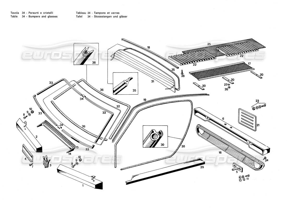 maserati merak 3.0 diagramma delle parti di paraurti e vetri