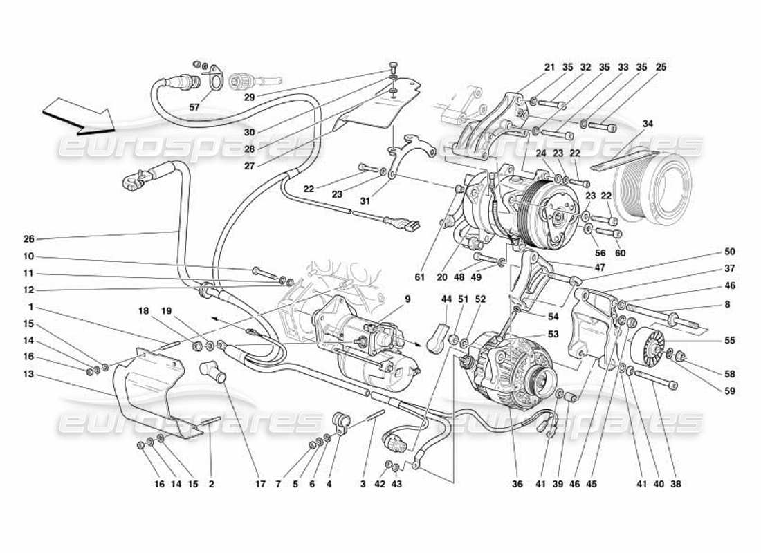 ferrari 550 barchetta diagramma delle parti del motorino di avviamento dell'alternatore e del compressore ca