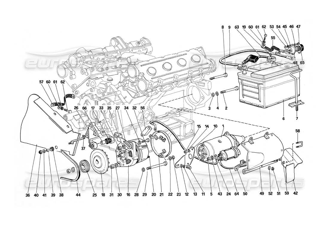 ferrari mondial 3.0 qv (1984) sistema di generazione elettrica - schema delle parti (motore con cinghia singola).