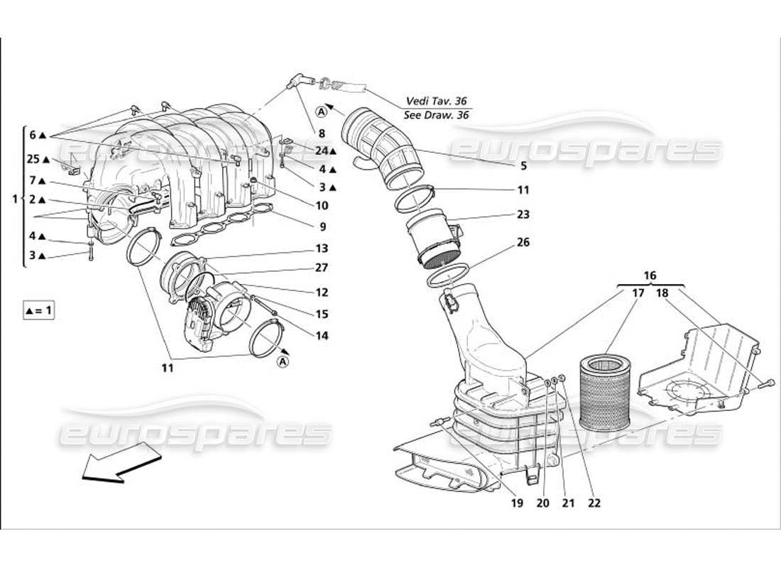 maserati 4200 coupe (2005) diagramma delle parti del collettore di aspirazione dell'aria