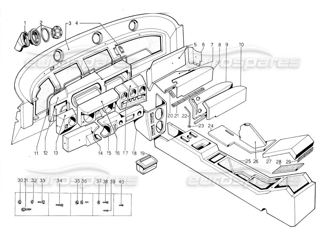 lamborghini jalpa 3.5 (1984) cruscotto e tunnel diagramma delle parti