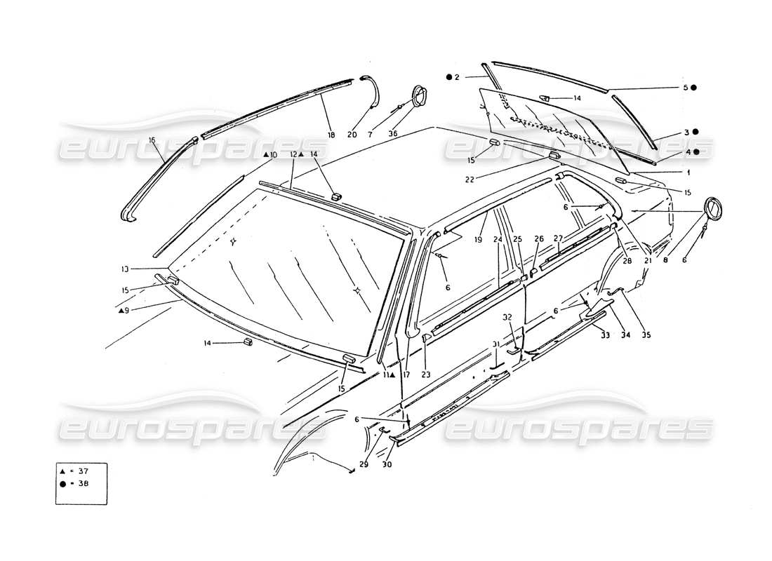 maserati 418 / 4.24v / 430 vetri fissi e finiture diagramma delle parti