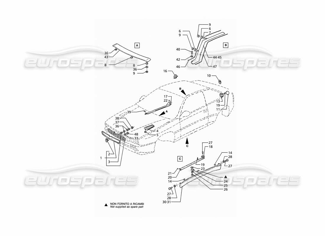 maserati ghibli 2.8 (abs) badge di finitura esterna diagramma delle parti