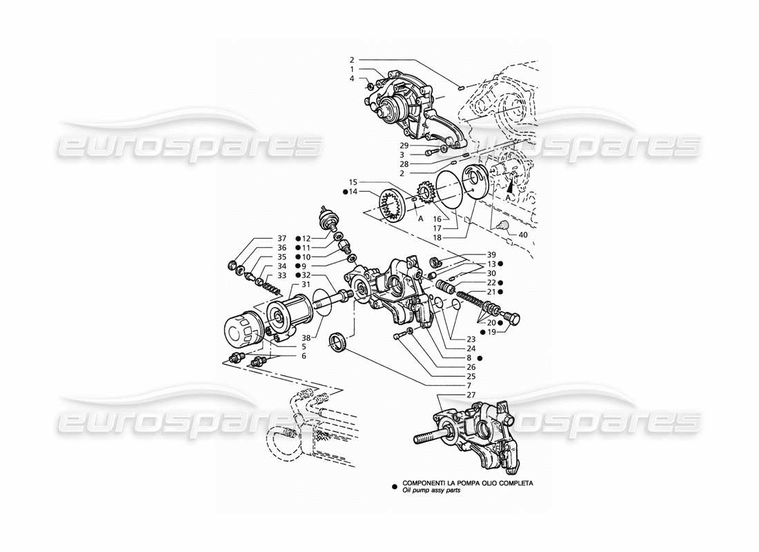 maserati qtp. 3.2 v8 (1999) schema delle parti della pompa dell'olio e della pompa dell'acqua (pre-modifica).