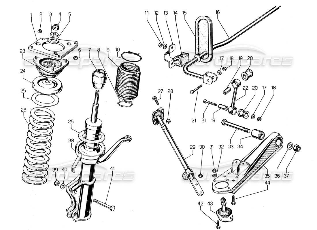 lamborghini urraco p250 / p250s sospensioni anteriori diagramma delle parti