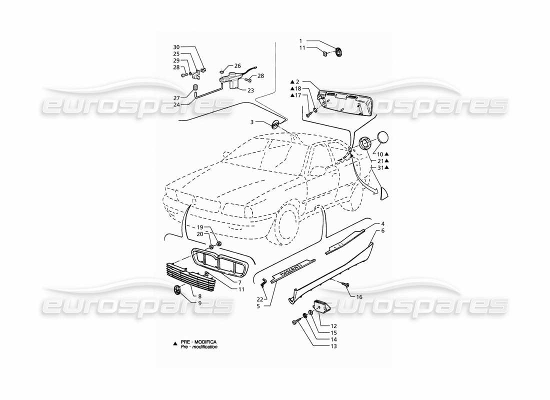 maserati qtp. 3.2 v8 (1999) diagramma delle parti dei badge di finitura esterna