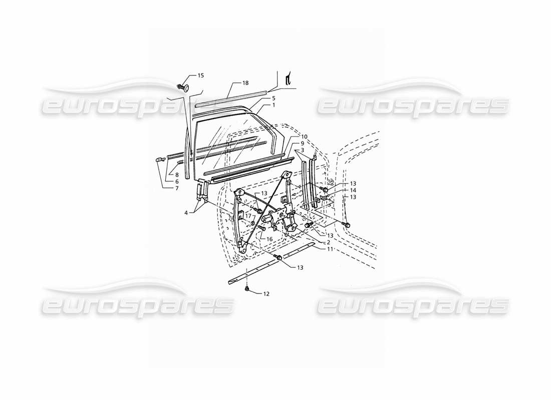 maserati qtp. 3.2 v8 (1999) porte anteriori: diagramma delle parti di finestre e regolatori