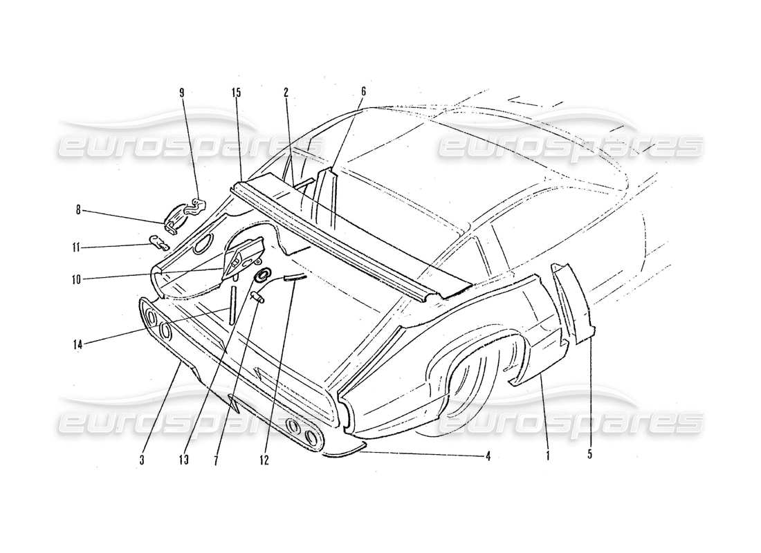 ferrari 365 gtc4 (coachwork) diagramma delle parti dei pannelli terminali posteriori