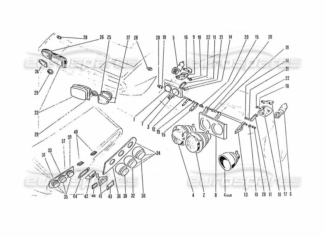 ferrari 365 gtc4 (coachwork) diagramma delle parti delle luci anteriori e posteriori