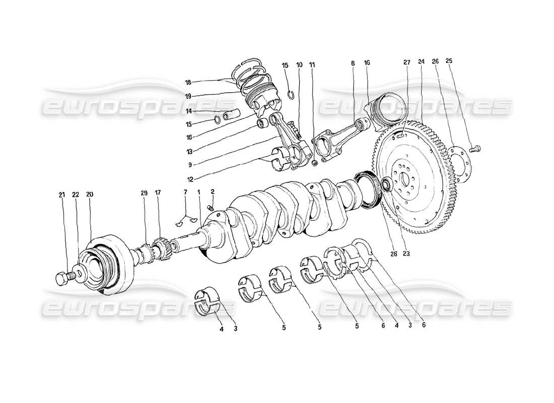 ferrari 288 gto albero motore - bielle e pistoni - schema delle parti del volano