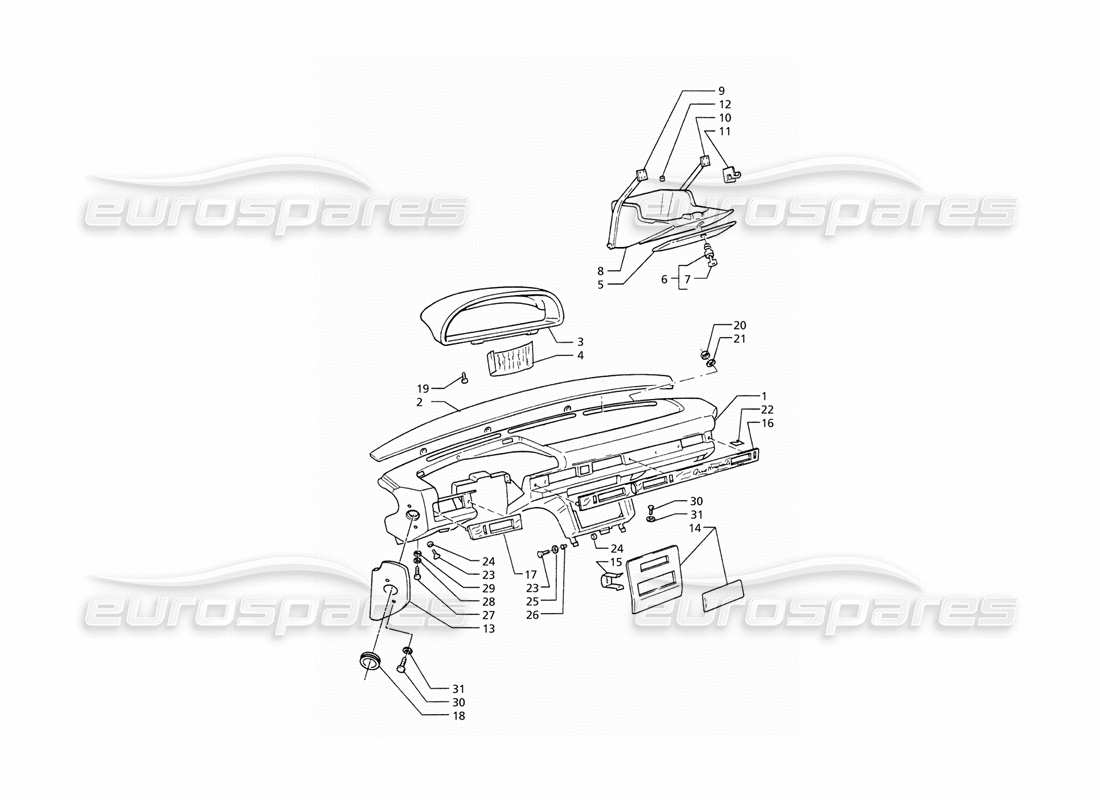 maserati qtp. 3.2 v8 (1999) diagramma delle parti del pannello strumenti (guida a sinistra).