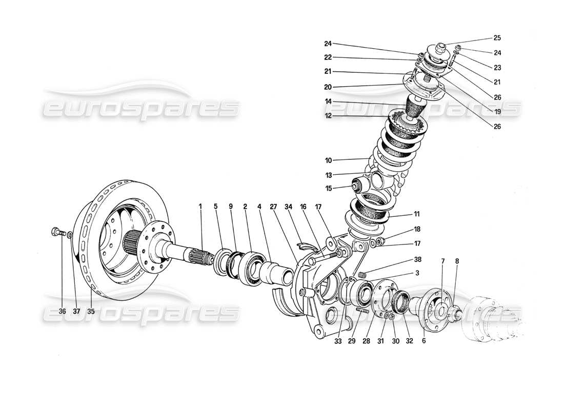 ferrari 288 gto sospensione posteriore: ammortizzatore e disco freno diagramma delle parti