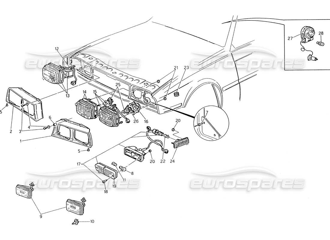 maserati 222 / 222e biturbo diagramma delle parti delle luci anteriori