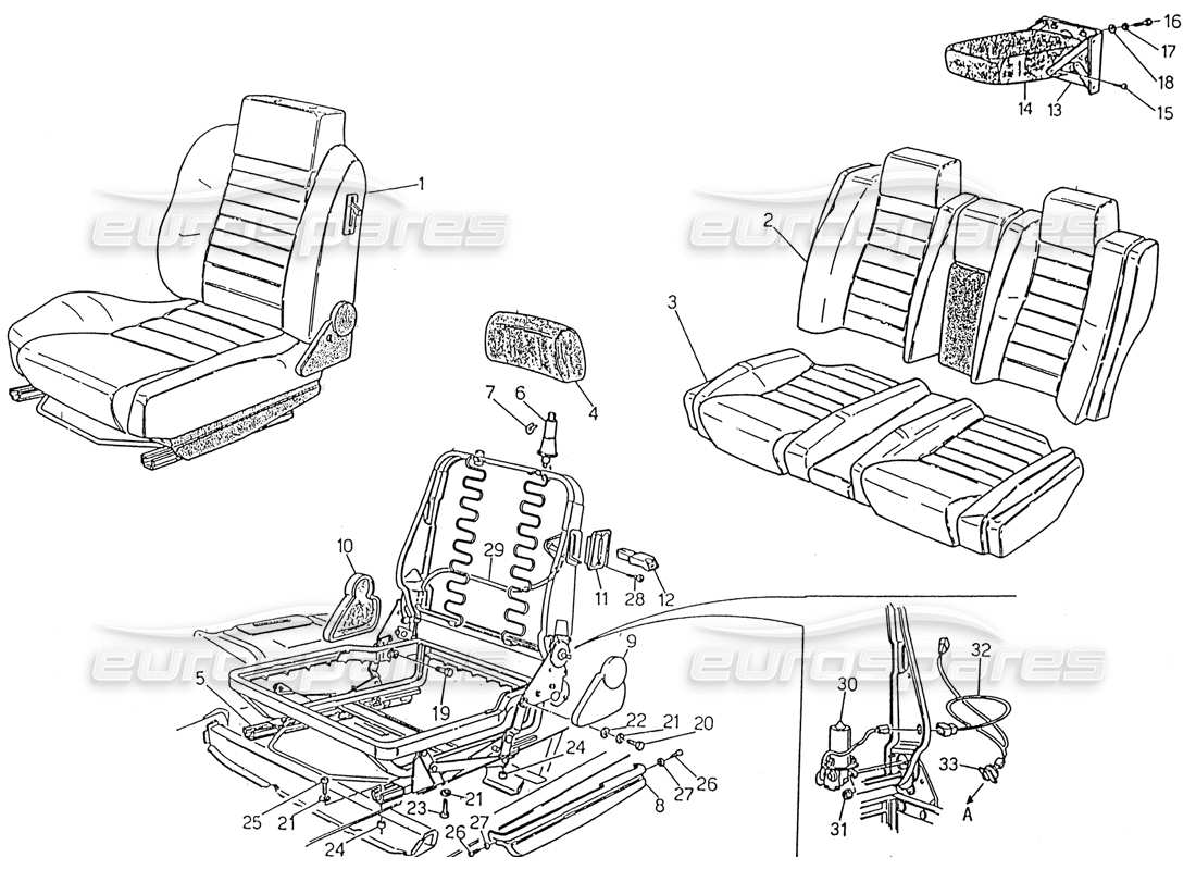 maserati 222 / 222e biturbo diagramma delle parti dei sedili anteriori e posteriori
