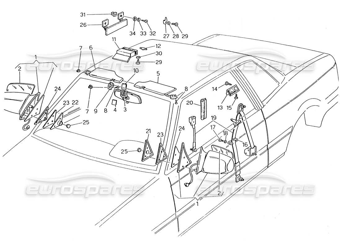 maserati karif 2.8 schema delle parti di cinture di sicurezza, specchietti e visiera parasole