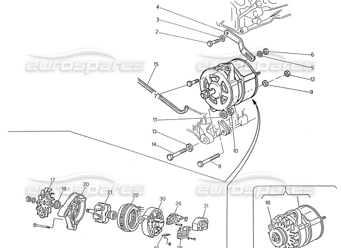 maserati 222 / 222e biturbo diagramma delle parti dell'alternatore e della staffa