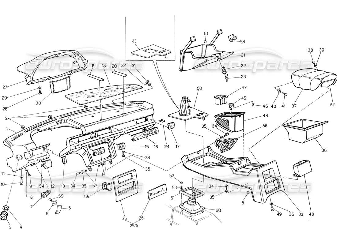 maserati 222 / 222e biturbo schema delle parti del pannello strumenti e della console (sterzo sinistro).
