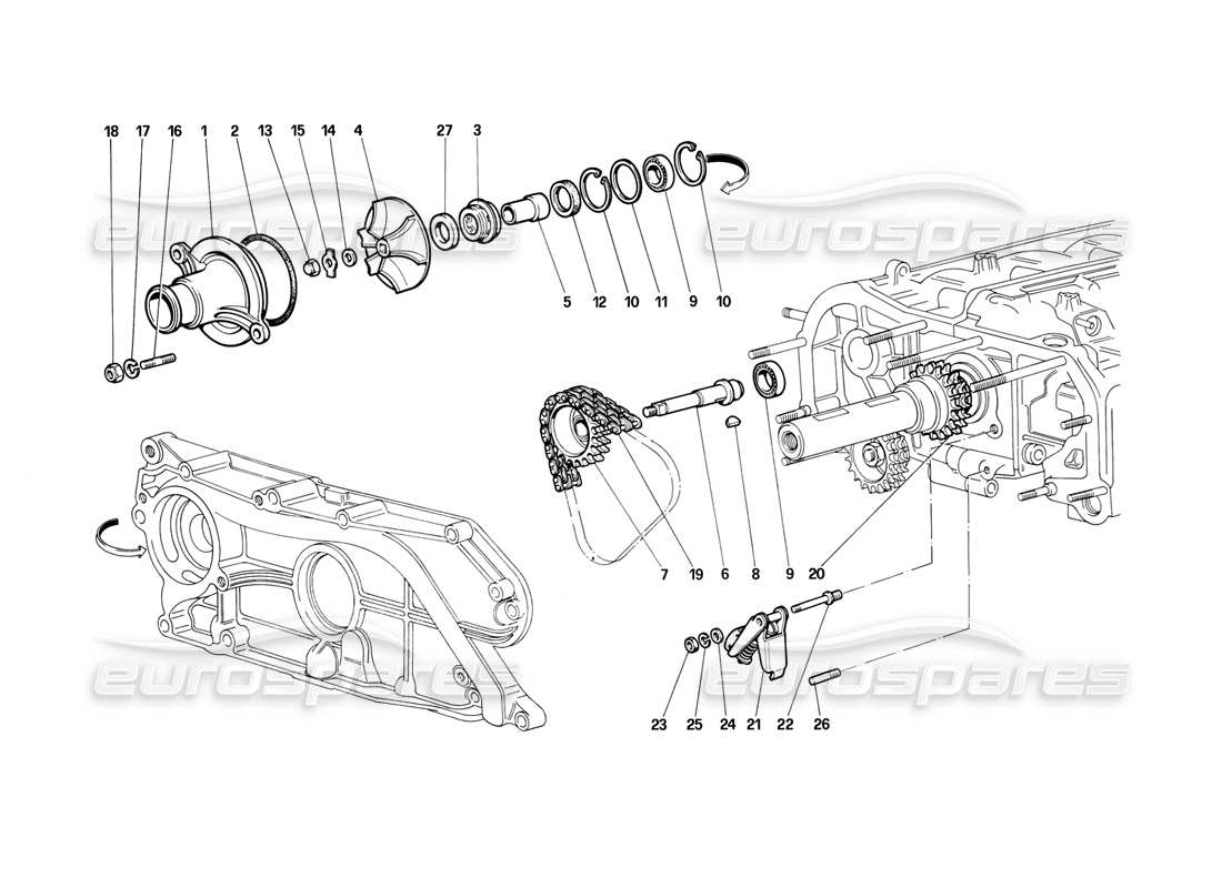 ferrari testarossa (1987) pompa dell'acqua diagramma delle parti